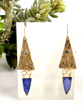 Load image into Gallery viewer, Amethyst Druzy And Gold Bronze Hieroglyphic Textured Earrings
