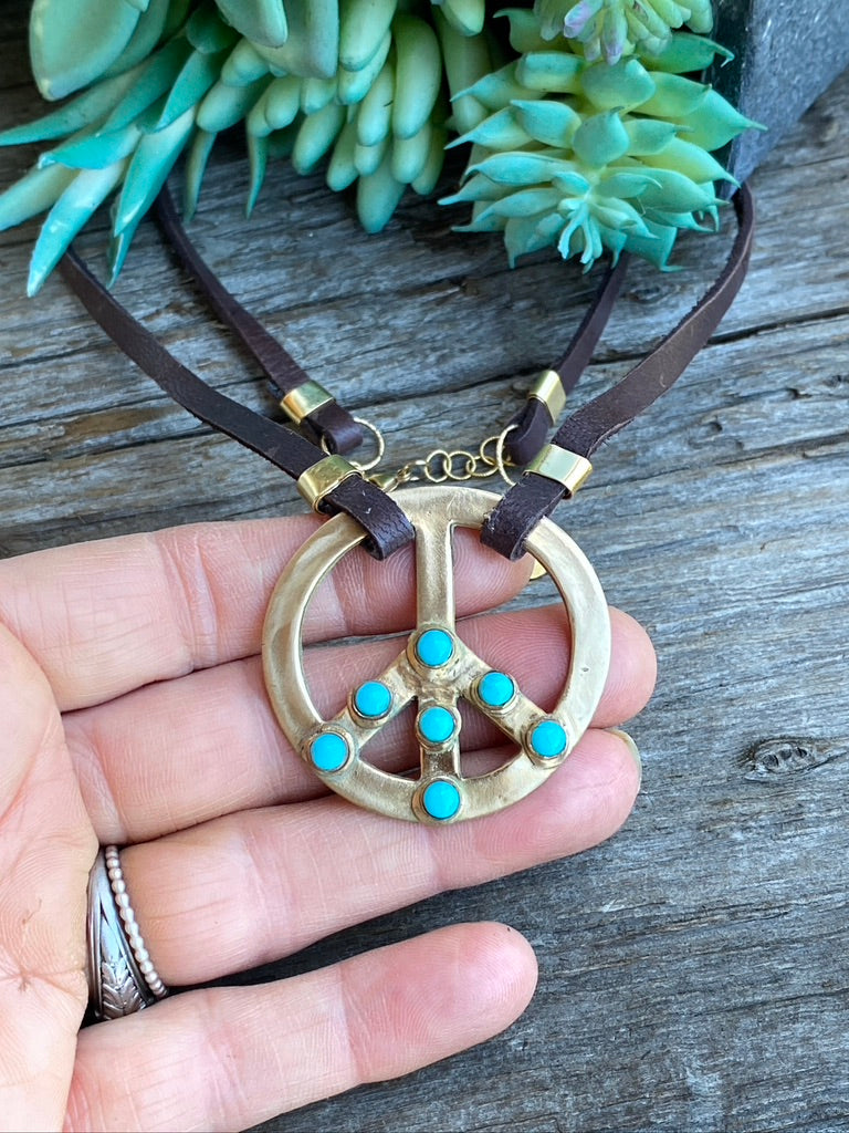 Gold Bronze And Turquoise PEACE Sign Choker Pendant On Brown Leather With 14k Gold Fill