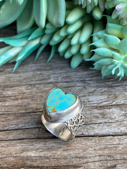 Sterling Silver And Kingman Turquosie Heart Ring - My Beating Heart Ring