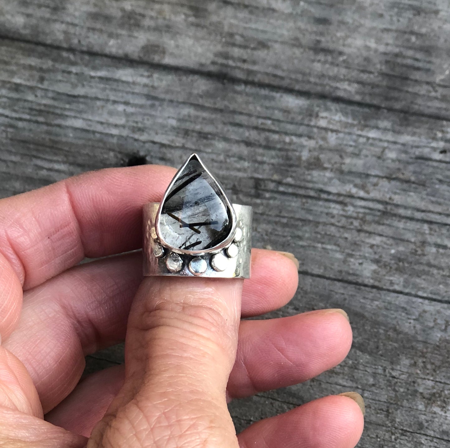 Black Rutilated Quartz Sterling Silver Pebble Ring