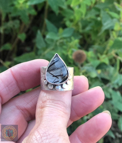 Black Rutilated Quartz Sterling Silver Pebble Ring