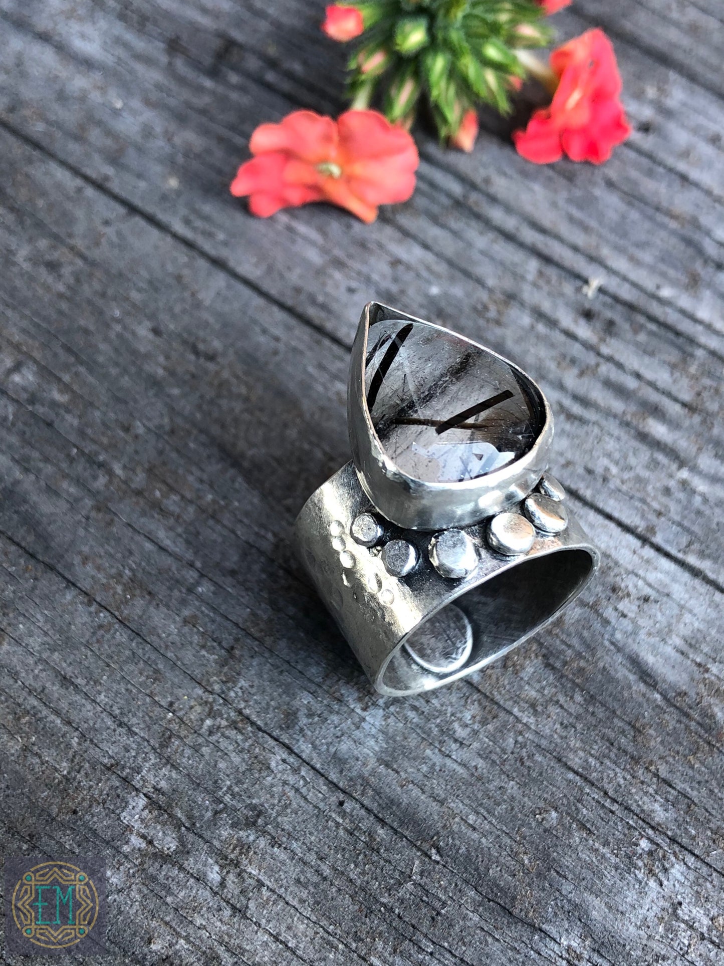 Black Rutilated Quartz Sterling Silver Pebble Ring