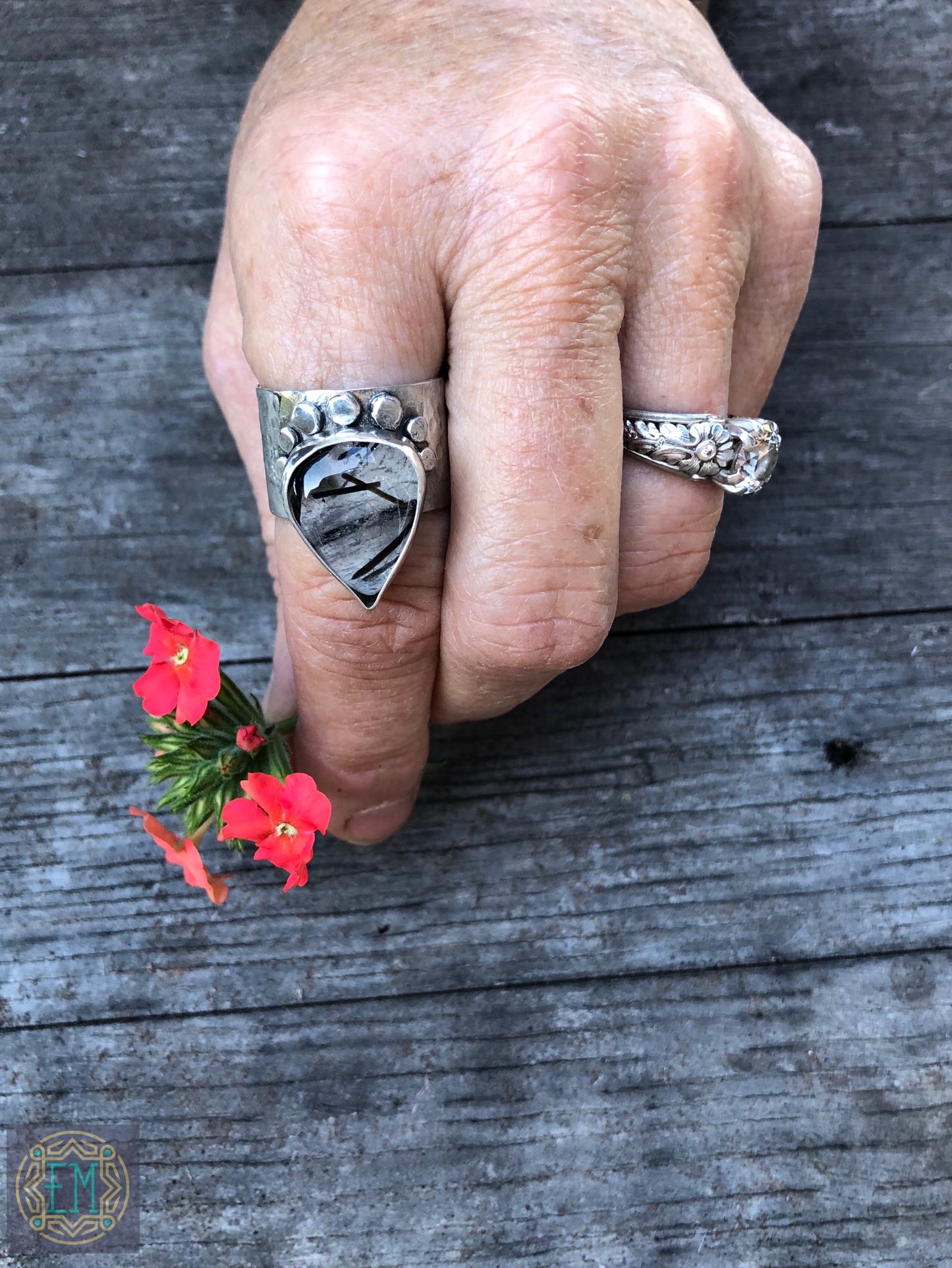 Black Rutilated Quartz Sterling Silver Pebble Ring