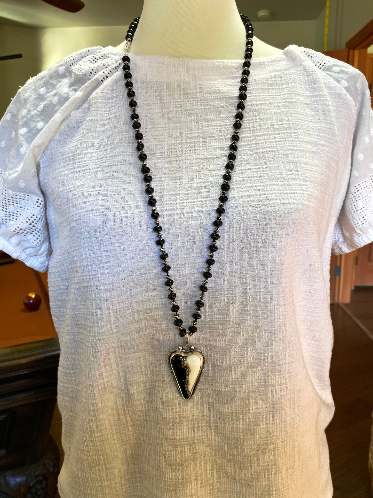 Black And White Lampwork Glass Heart And Black Onyx Beaded Chain