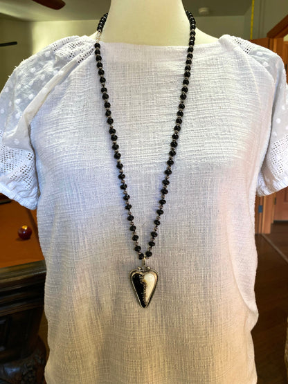 Black And White Lampwork Glass Heart And Black Onyx Beaded Chain