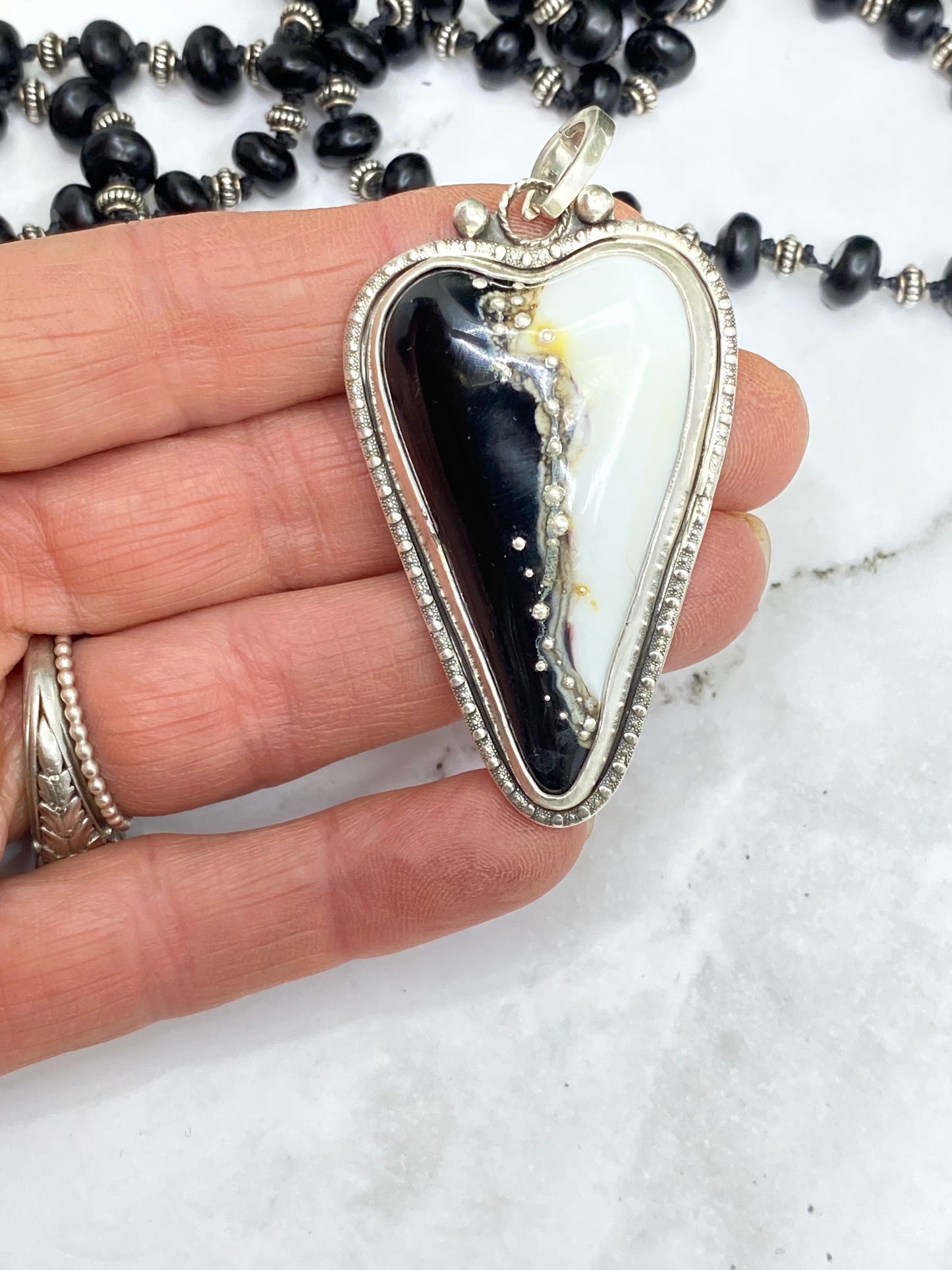 Black And White Lampwork Glass Heart And Black Onyx Beaded Chain