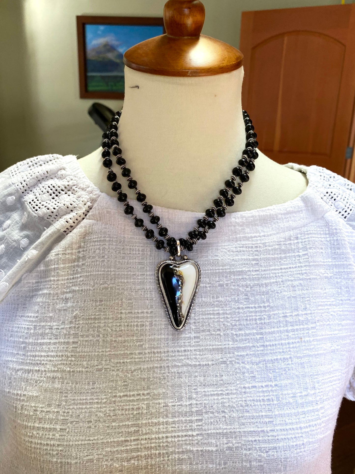 Black And White Lampwork Glass Heart And Black Onyx Beaded Chain