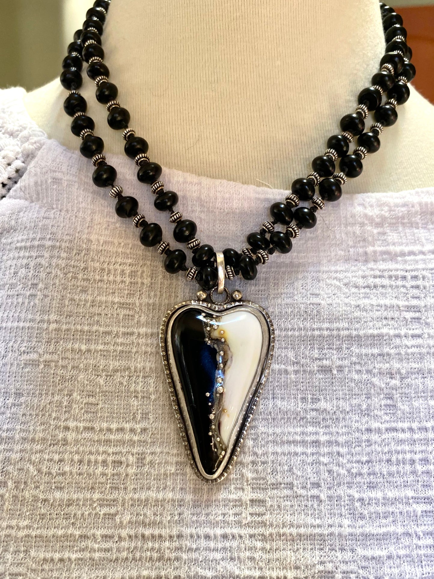 Black And White Lampwork Glass Heart And Black Onyx Beaded Chain