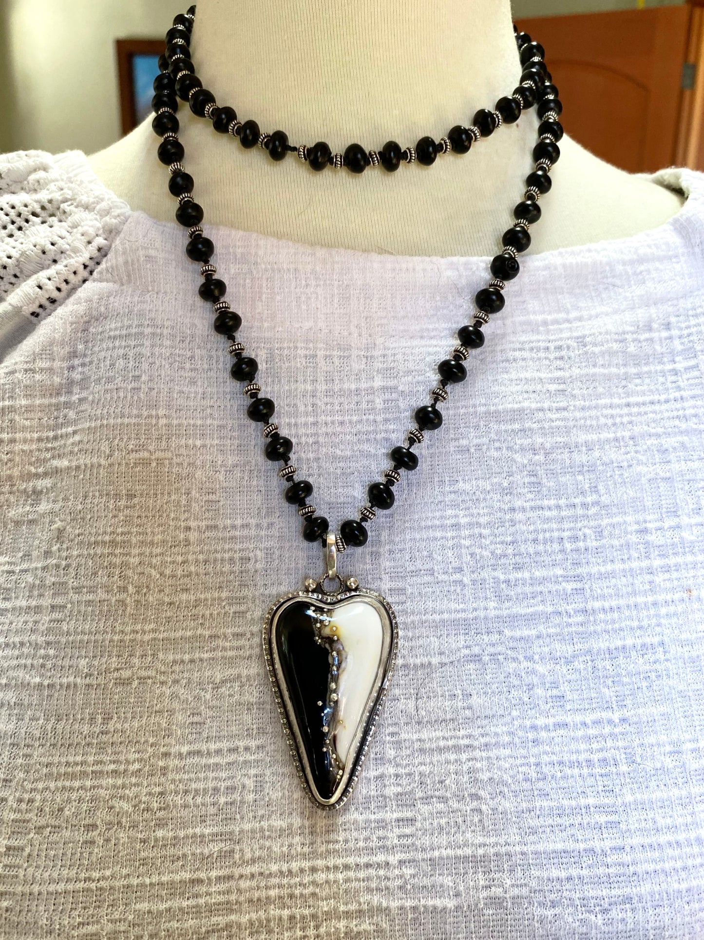 Black And White Lampwork Glass Heart And Black Onyx Beaded Chain