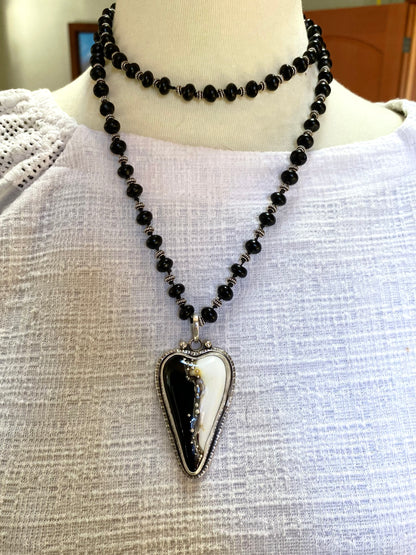 Black And White Lampwork Glass Heart And Black Onyx Beaded Chain