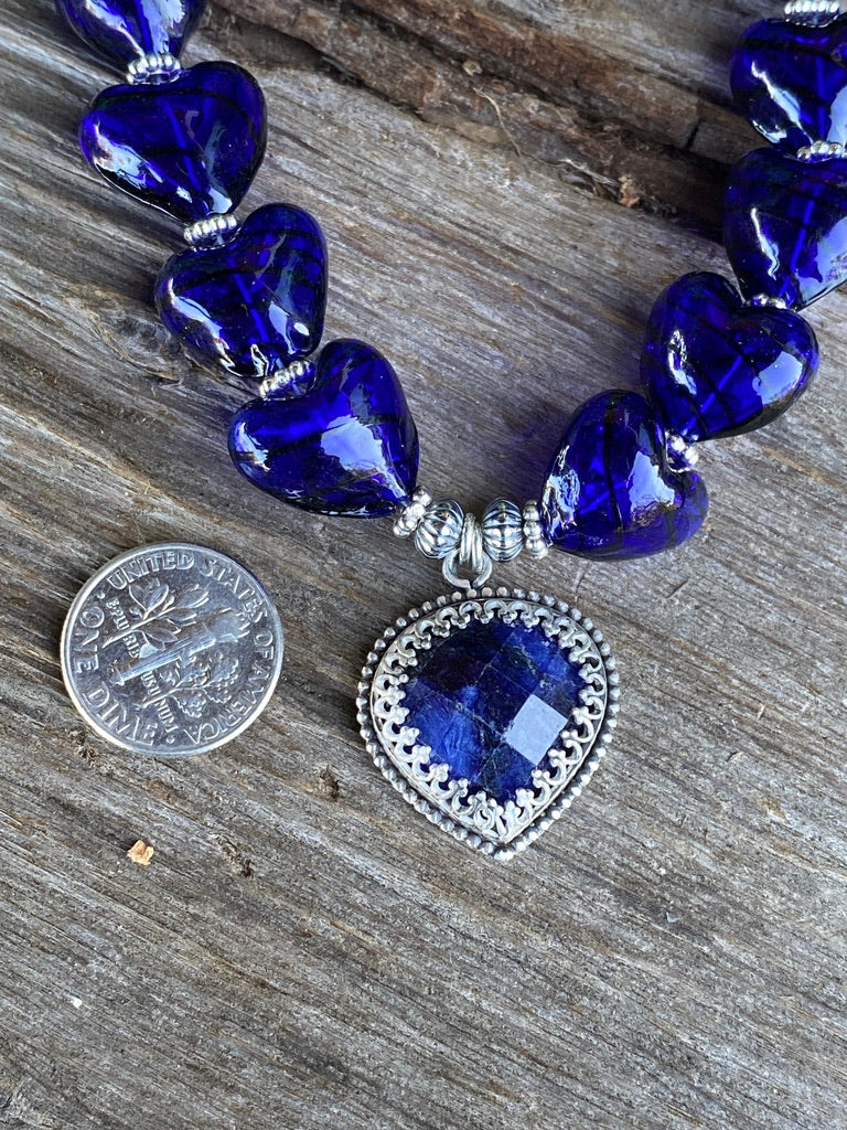 Sterling Silver Deep Blue Sodalite And Hand Blown Glass Necklace