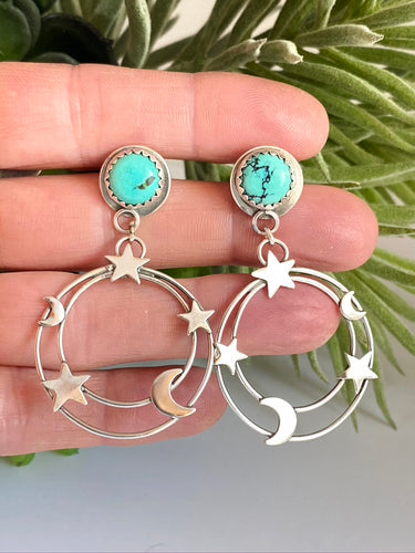 Small Kingman Turquoise And Sterling Star And Moon Galaxy Earrings