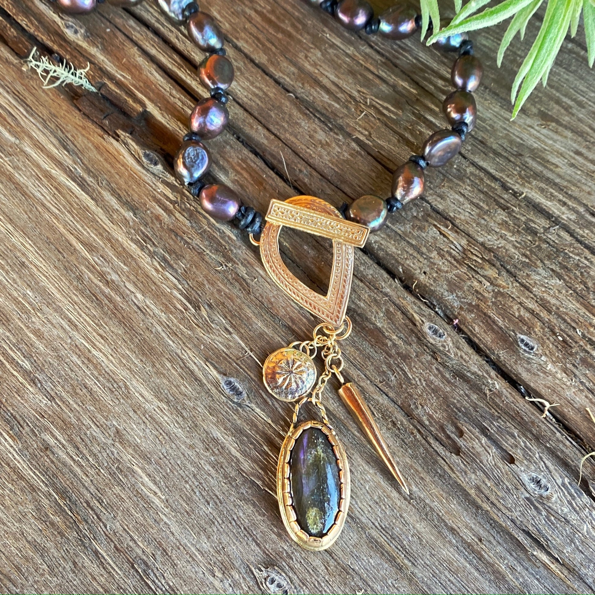Purple Labradorite And Gold Talisman Charm Baroque Pearl and Leather Necklace