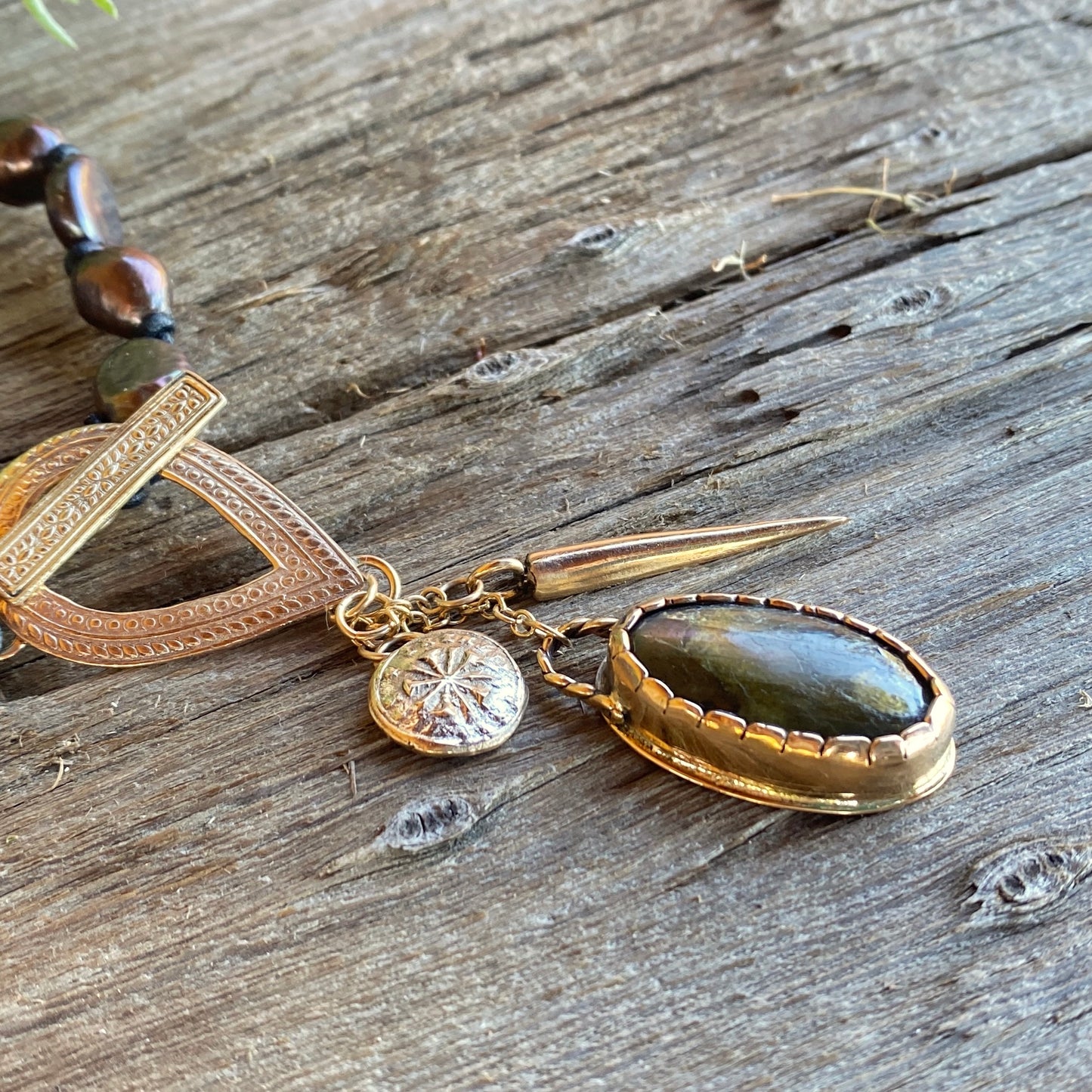 Purple Labradorite And Gold Talisman Charm Baroque Pearl and Leather Necklace