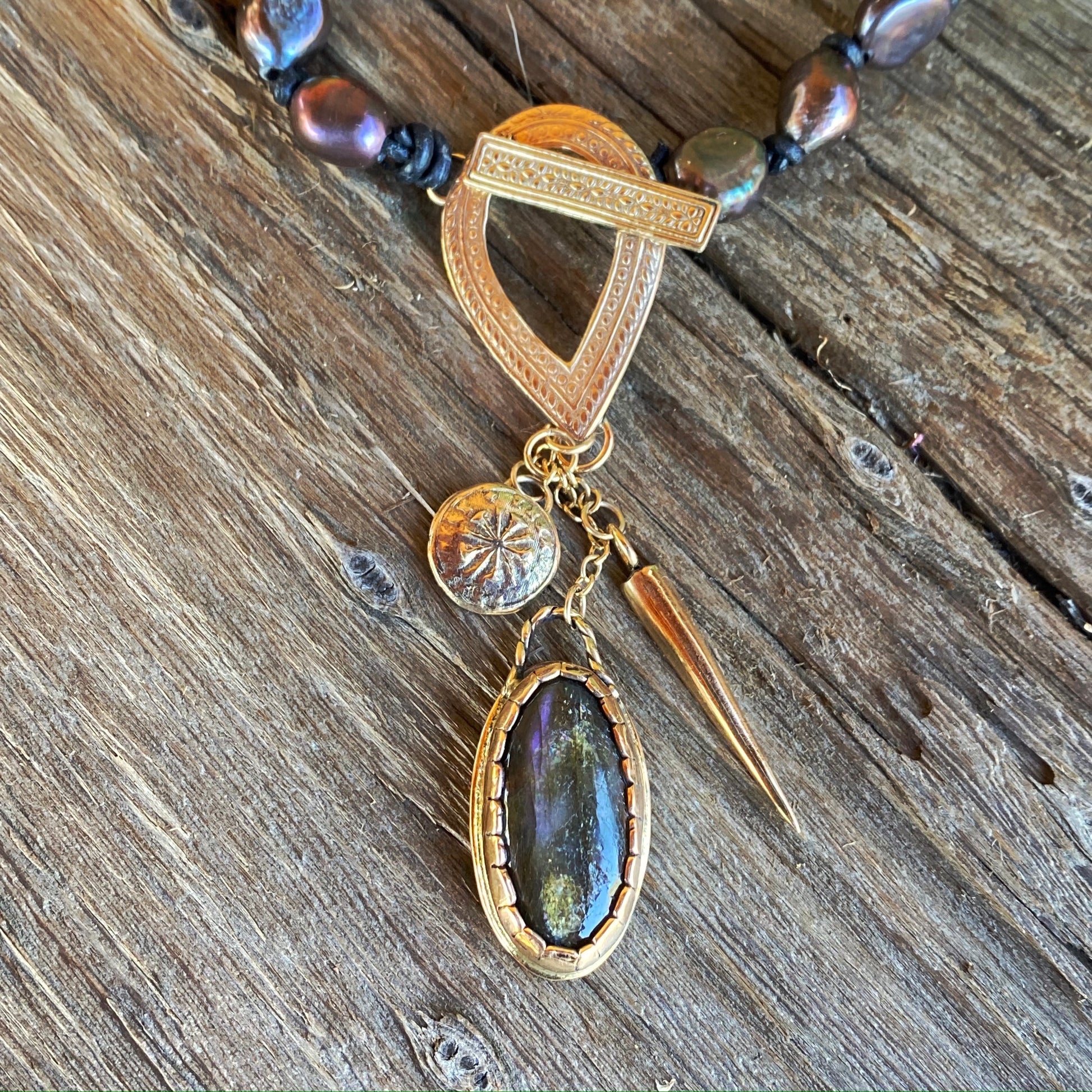 Purple Labradorite And Gold Talisman Charm Baroque Pearl and Leather Necklace