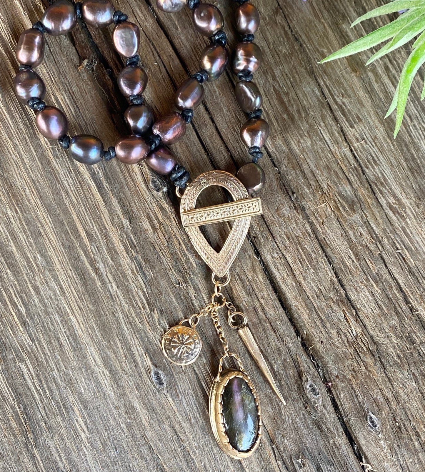 Purple Labradorite And Gold Talisman Charm Baroque Pearl and Leather Necklace