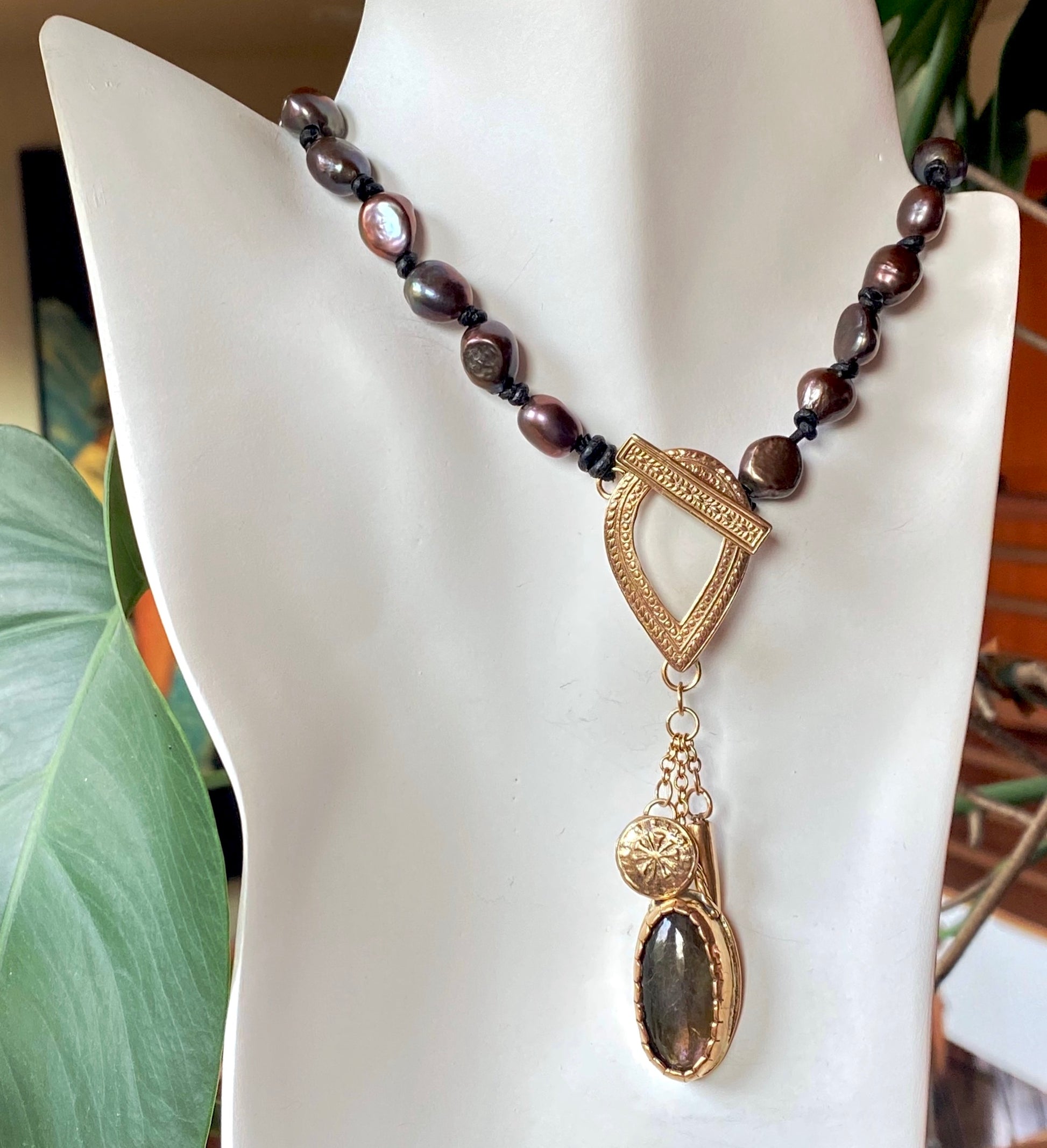 Purple Labradorite And Gold Talisman Charm Baroque Pearl and Leather Necklace