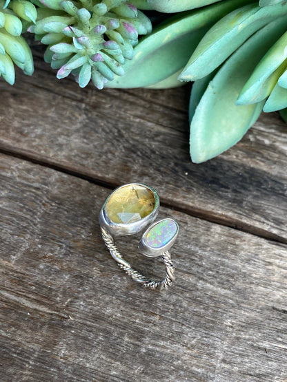 Faceted Citrine And Ethiopian Opal Sterling Silver Adjustable Ring