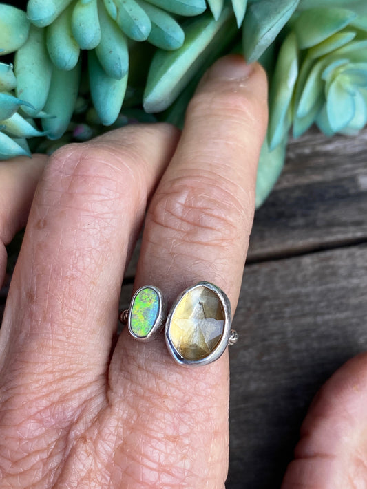 Faceted Citrine And Ethiopian Opal Sterling Silver Adjustable Ring