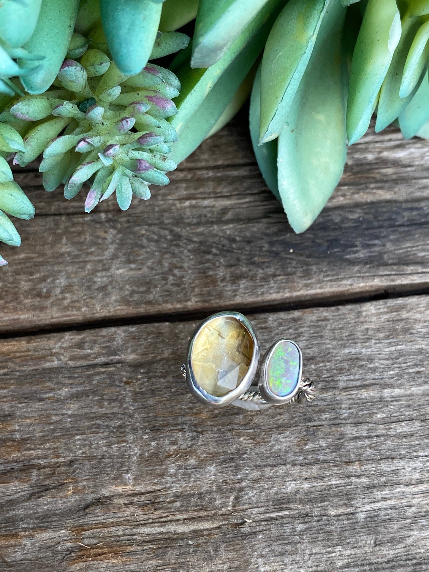 Faceted Citrine And Ethiopian Opal Sterling Silver Adjustable Ring