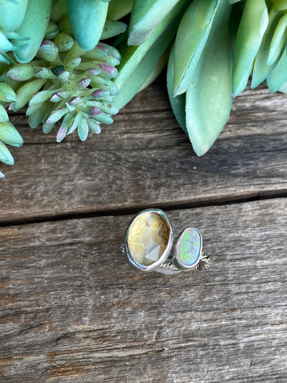 Faceted Citrine And Ethiopian Opal Sterling Silver Adjustable Ring