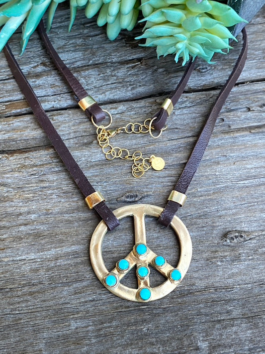 Gold Bronze And Turquoise PEACE Sign Choker Pendant On Brown Leather With 14k Gold Fill