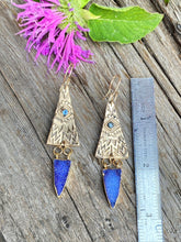 Load image into Gallery viewer, Amethyst Druzy And Gold Bronze Hieroglyphic Textured Earrings
