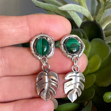 Load image into Gallery viewer, Malachite And Sterling Silver Monstera Artisan Earrings
