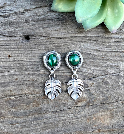 Malachite And Sterling Silver Monstera Artisan Earrings