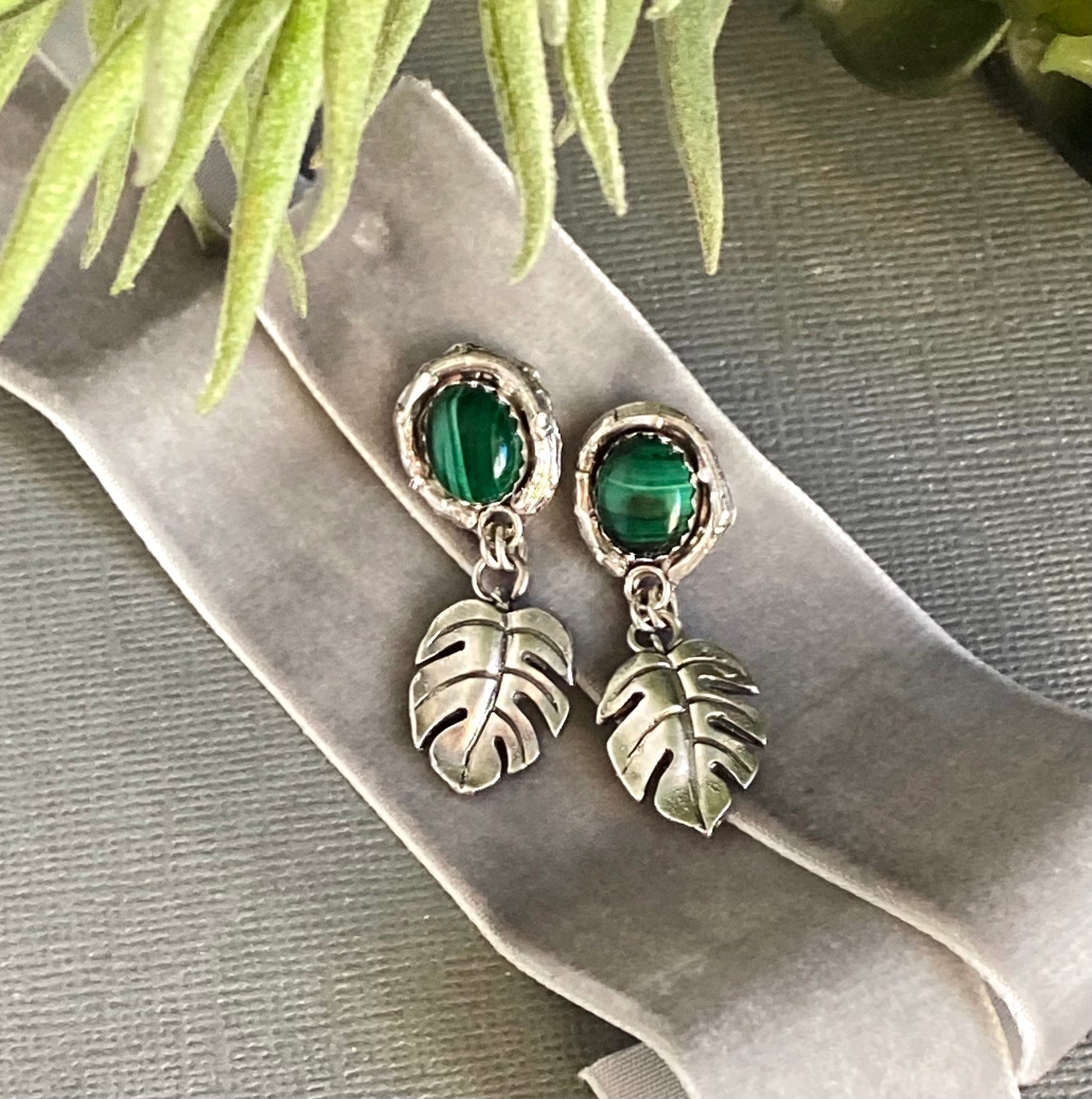 Malachite And Sterling Silver Monstera Artisan Earrings