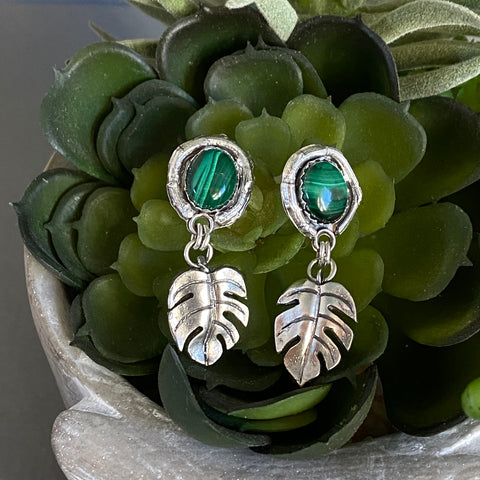 Malachite And Sterling Silver Monstera Artisan Earrings - Dew Drop Monstera Garden Earrings