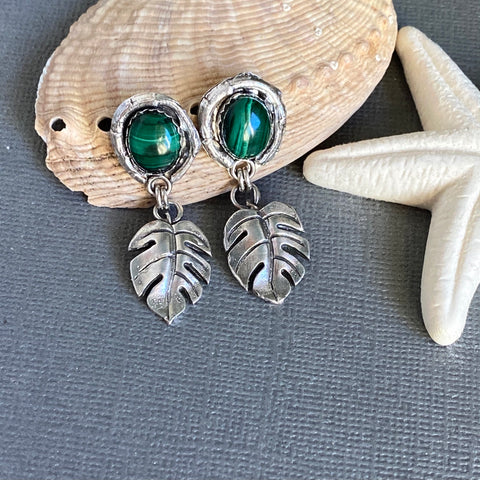 Malachite And Sterling Silver Monstera Artisan Earrings - Dew Drop Monstera Garden Earrings