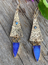 Load image into Gallery viewer, Amethyst Druzy And Gold Bronze Hieroglyphic Textured Earrings
