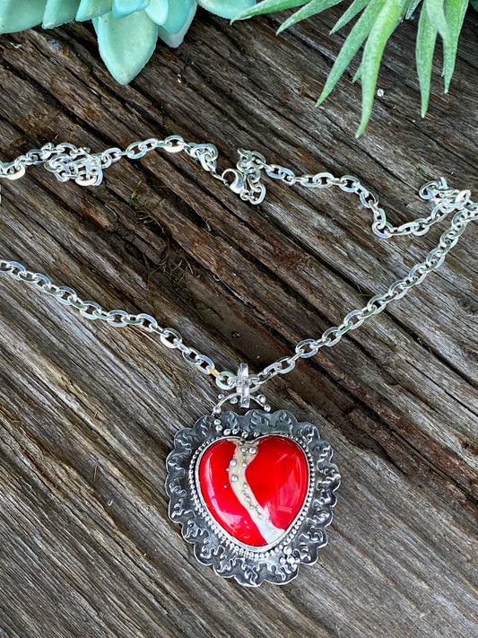 Red Lampwork Glass And Sterling Silver Flaming Heart Aritsan Necklace