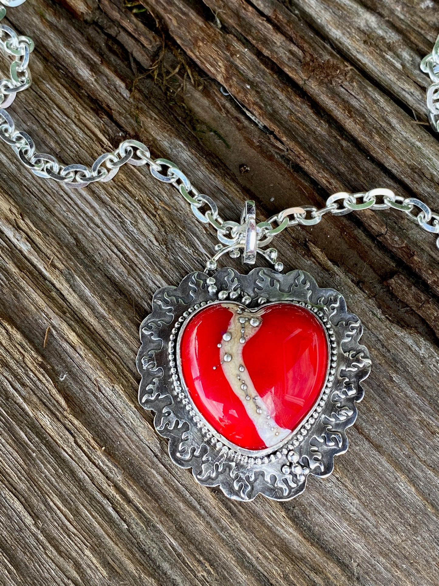 Red Lampwork Glass And Sterling Silver Flaming Heart Aritsan Necklace