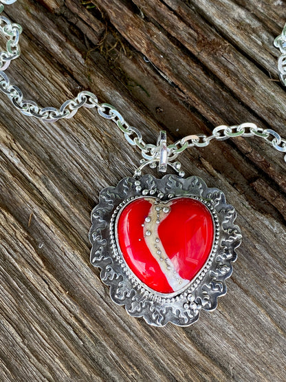 Red Lampwork Glass And Sterling Silver Flaming Heart Aritsan Necklace