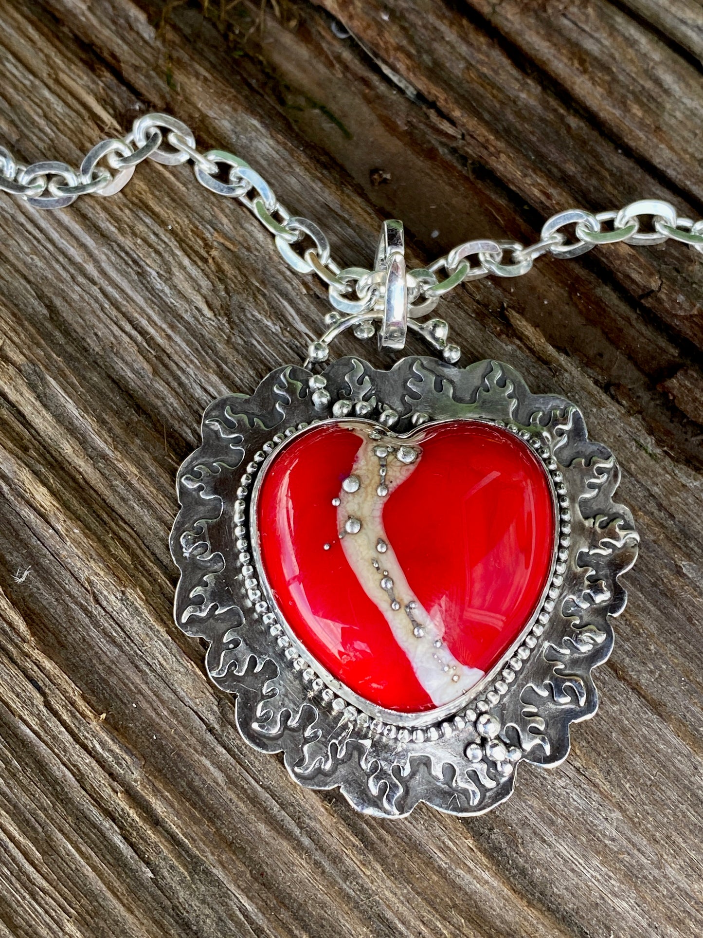 Red Lampwork Glass And Sterling Silver Flaming Heart Aritsan Necklace
