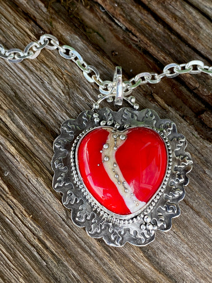Red Lampwork Glass And Sterling Silver Flaming Heart Aritsan Necklace