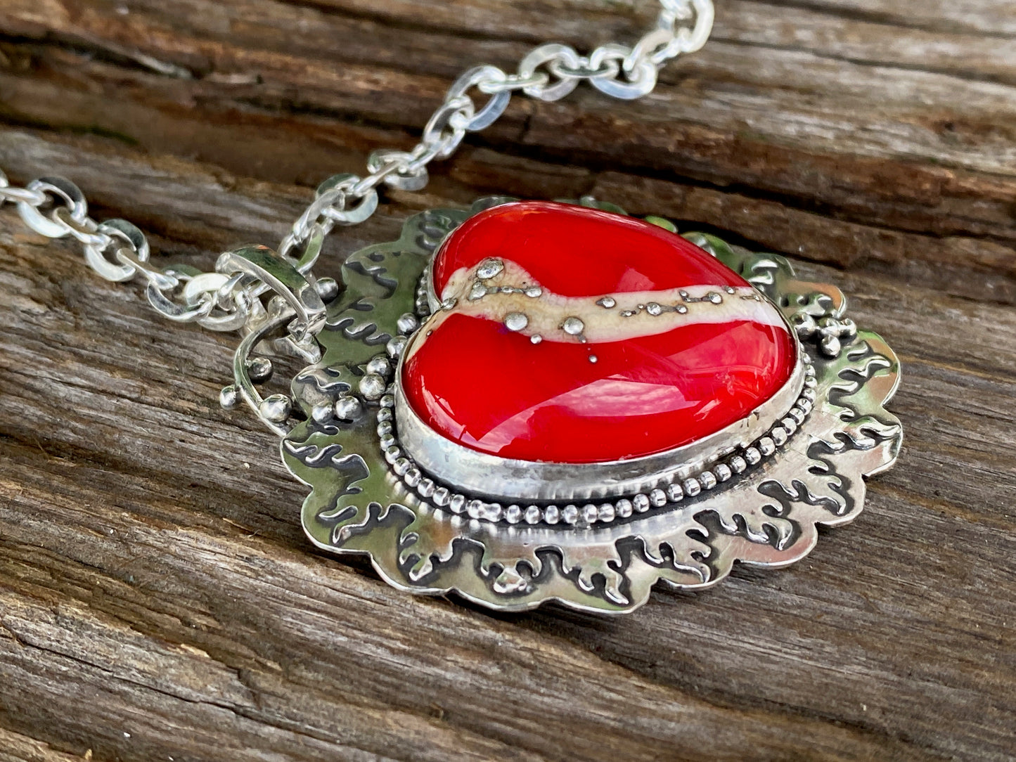 Red Lampwork Glass And Sterling Silver Flaming Heart Aritsan Necklace