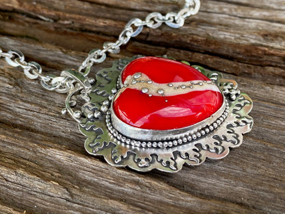 Red Lampwork Glass And Sterling Silver Flaming Heart Aritsan Necklace
