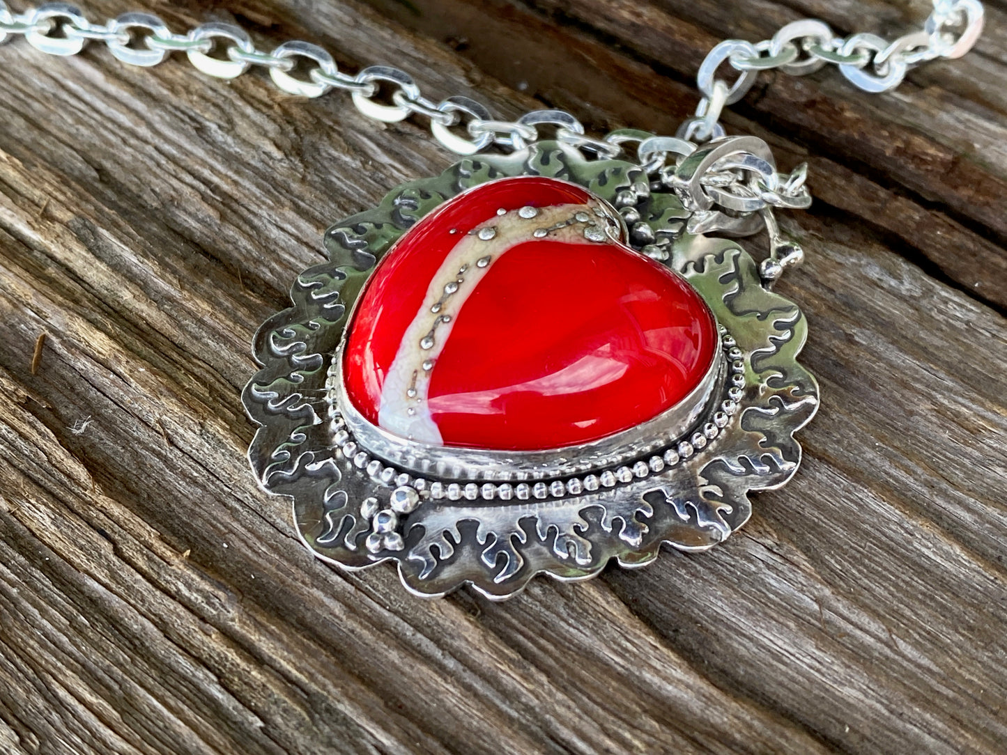 Red Lampwork Glass And Sterling Silver Flaming Heart Aritsan Necklace