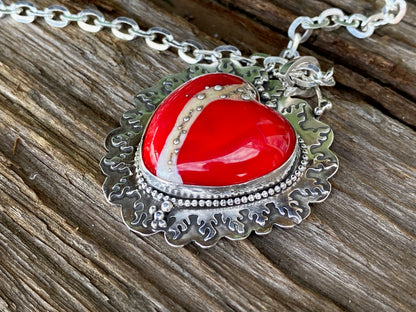 Red Lampwork Glass And Sterling Silver Flaming Heart Aritsan Necklace