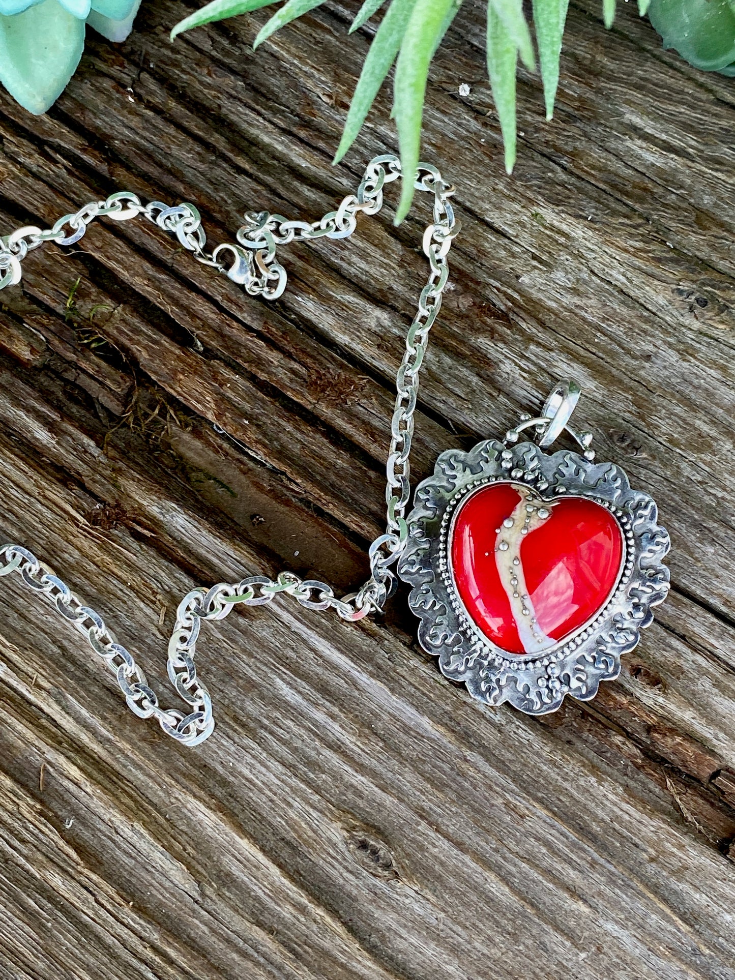 Red Lampwork Glass And Sterling Silver Flaming Heart Aritsan Necklace