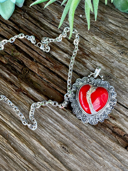 Red Lampwork Glass And Sterling Silver Flaming Heart Aritsan Necklace