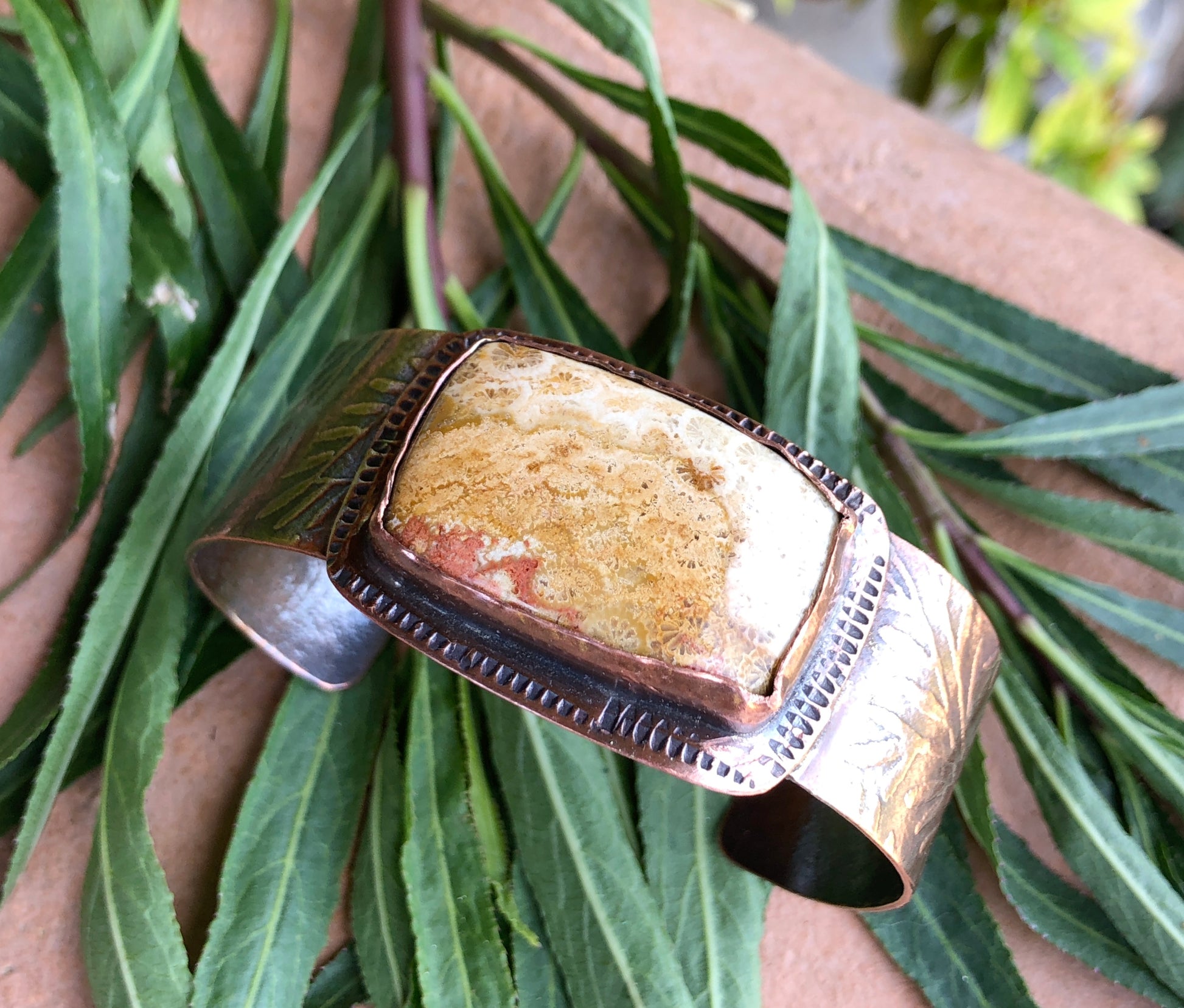 Fossilized Coral And Copper Cuff