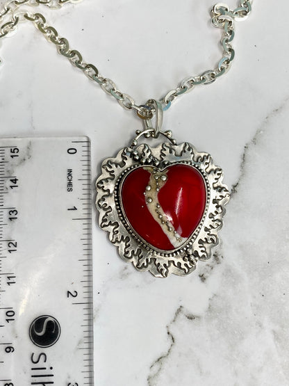 Red Lampwork Glass And Sterling Silver Flaming Heart Aritsan Necklace