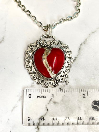 Red Lampwork Glass And Sterling Silver Flaming Heart Aritsan Necklace