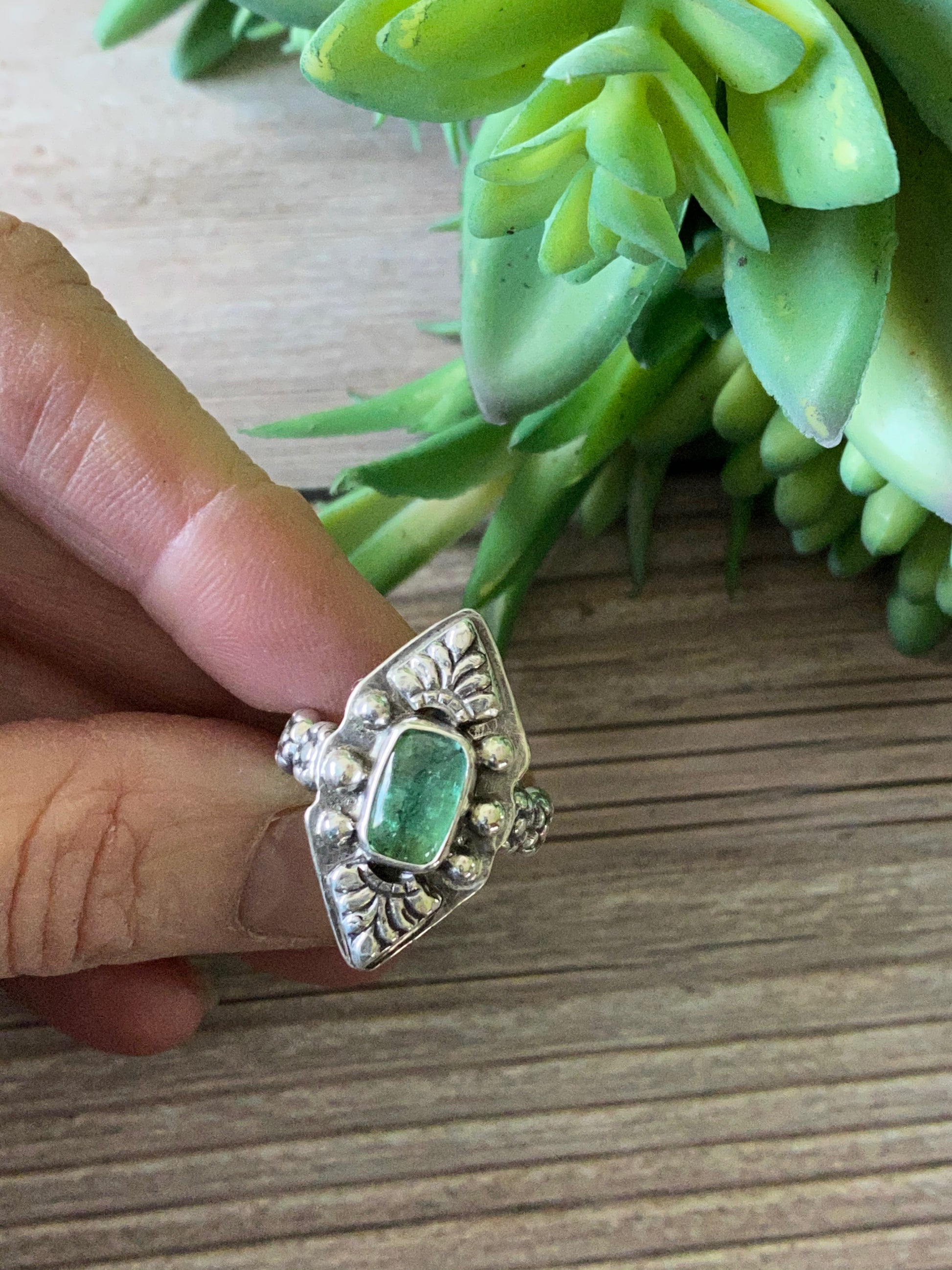 Green Tourmaline And Sterling Talisman Ring