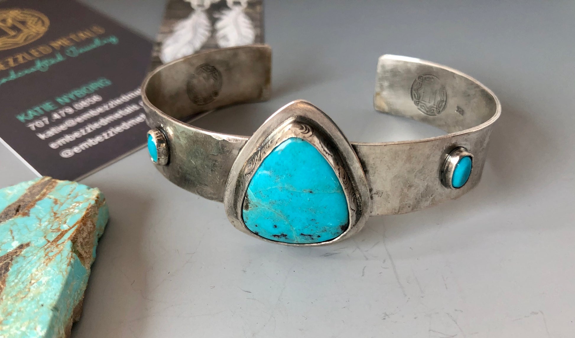 Hammered Sterling And Fox Turquoise Cuff Bracelet