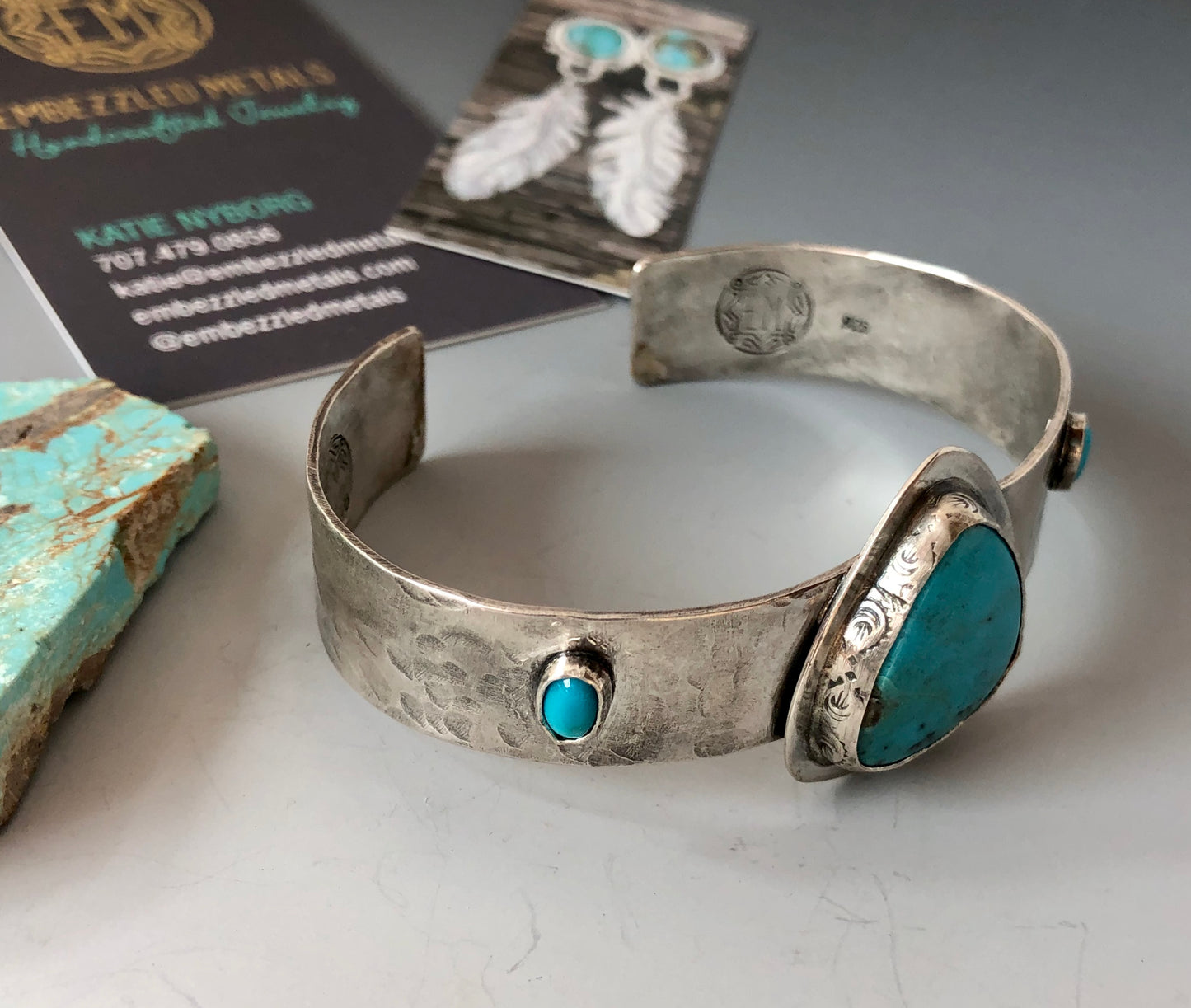 Hammered Sterling And Fox Turquoise Cuff Bracelet